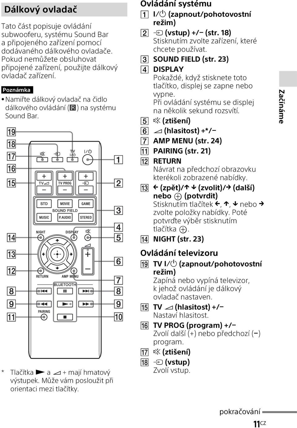 * Tlačítka a + mají hmatový výstupek. Může vám posloužit při orientaci mezi tlačítky. Ovládání systému (zapnout/pohotovostní režim) (vstup) +/ (str.