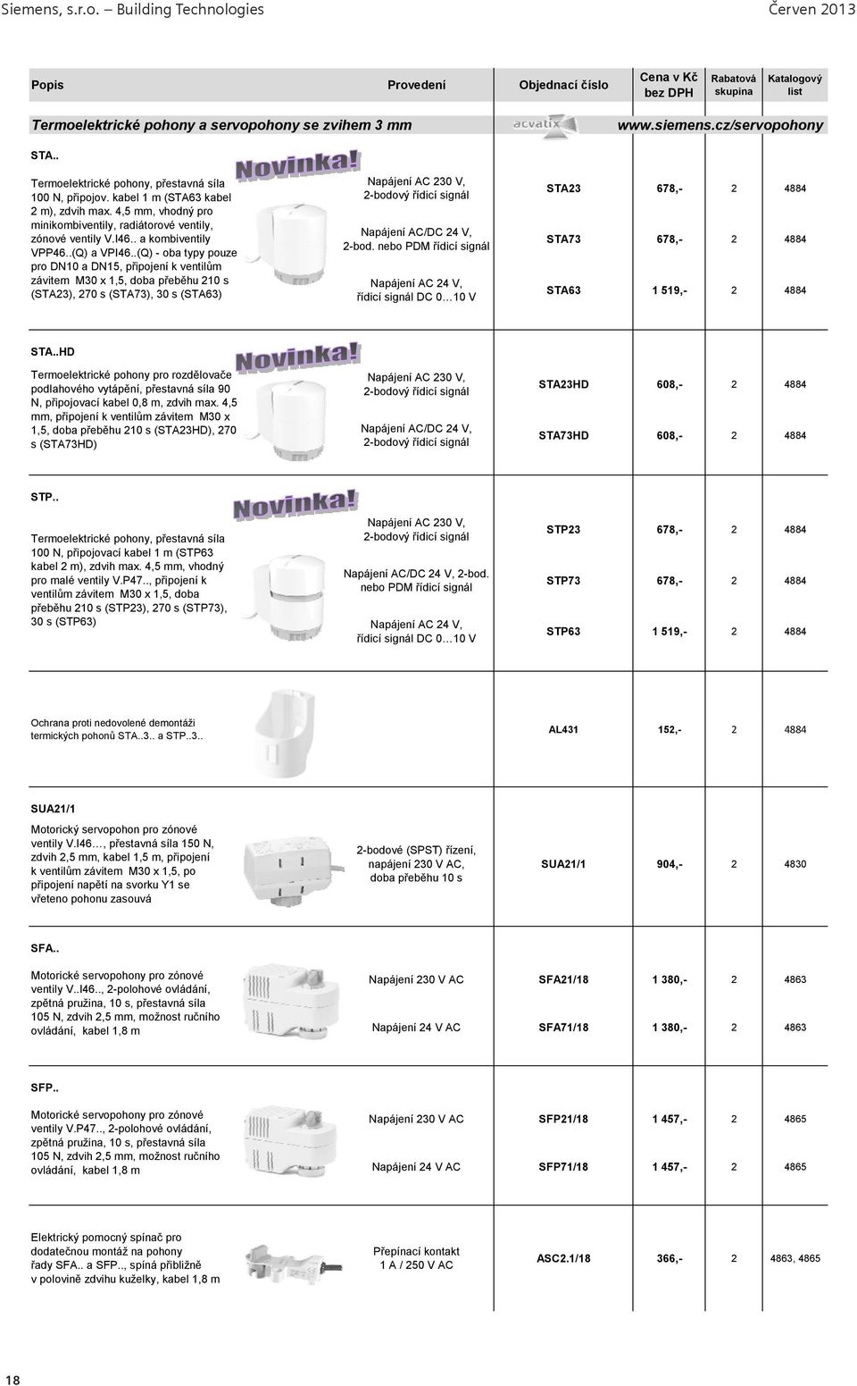 .(Q) - oba typy pouze pro DN10 a DN15, připojení k ventilům závitem M30 x 1,5, doba přeběhu 210 s (STA23), 270 s (STA73), 30 s (STA63) Napájení AC 230 V, 2-bodový řídicí signál Napájení AC/DC 24 V,