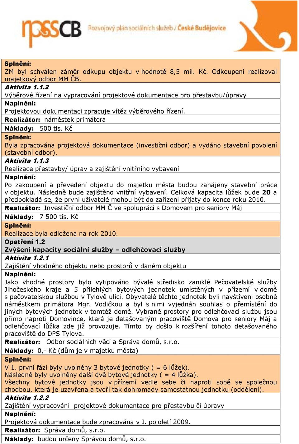 Kč Byla zpracována projektová dokumentace (investiční odbor) a vydáno stavební povolení (stavební odbor). Aktivita 1.