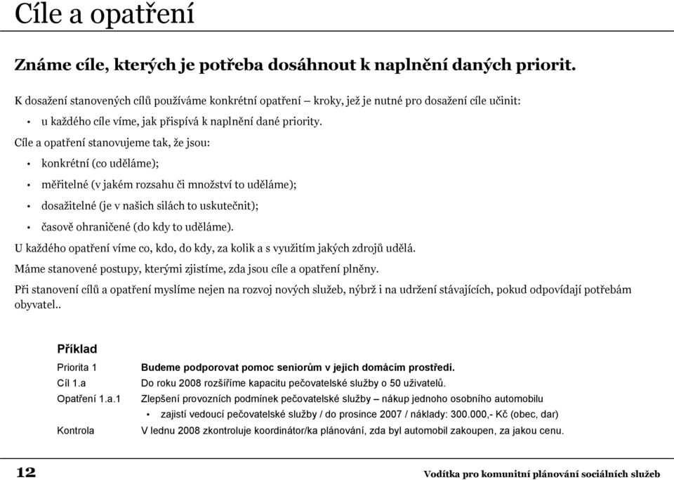 Cíle a opatření stanovujeme tak, že jsou: konkrétní (co uděláme); měřitelné (v jakém rozsahu či množství to uděláme); dosažitelné (je v našich silách to uskutečnit); časově ohraničené (do kdy to