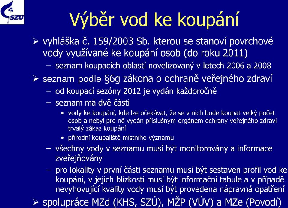 sezóny 2012 je vydán každoročně seznam má dvě části vody ke koupání, kde lze očekávat, že se v nich bude koupat velký počet osob a nebyl pro ně vydán příslušným orgánem ochrany veřejného zdraví