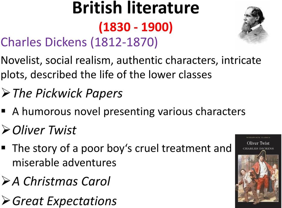humorous novel presenting various characters Oliver Twist The story of a poor