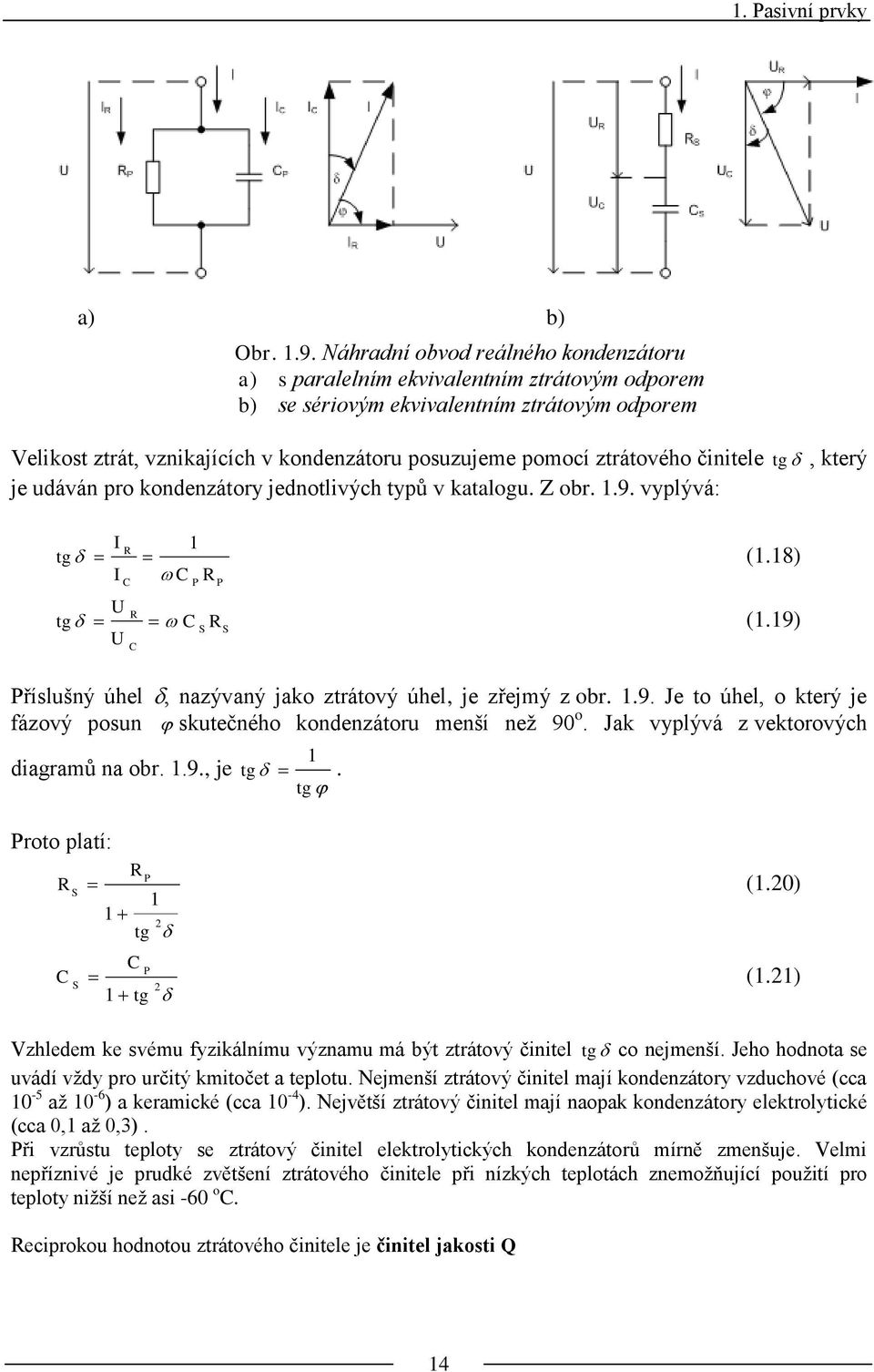 ztrátového činitele je udáván pro kondenzátory jednotlivých typů v katalogu. Z obr. 1.9. vyplývá: tg, který tg tg R (1.18) C C C 1 P R P R C R (1.