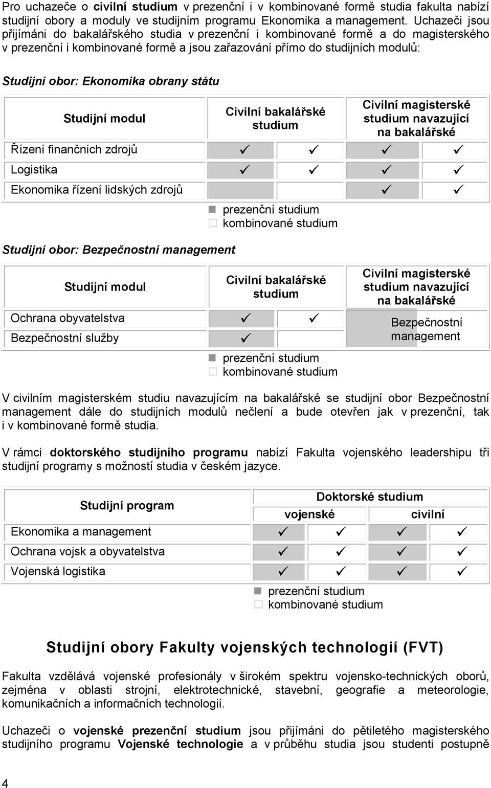 Ekonomika obrany státu Studijní modul Civilní bakalářské studium Civilní magisterské studium navazující na bakalářské Řízení finančních zdrojů Logistika Ekonomika řízení lidských zdrojů Studijní