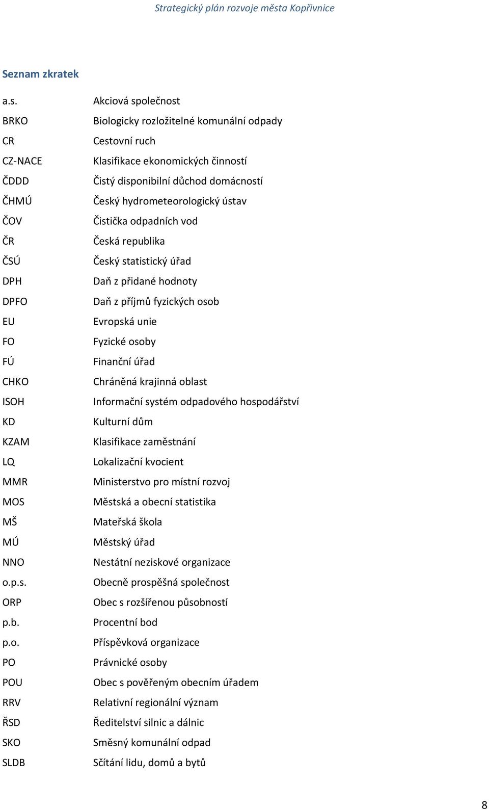 PO POU RRV ŘSD SKO SLDB Akciová společnost Biologicky rozložitelné komunální odpady Cestovní ruch Klasifikace ekonomických činností Čistý disponibilní důchod domácností Český hydrometeorologický