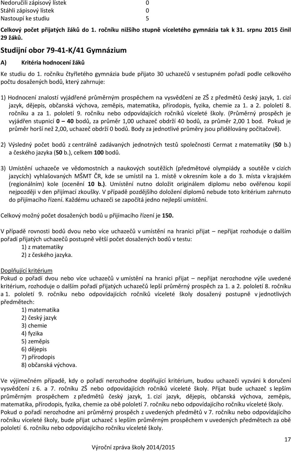 ročníku čtyřletého gymnázia bude přijato 30 uchazečů v sestupném pořadí podle celkového počtu dosažených bodů, který zahrnuje: 1) Hodnocení znalostí vyjádřené průměrným prospěchem na vysvědčení ze ZŠ