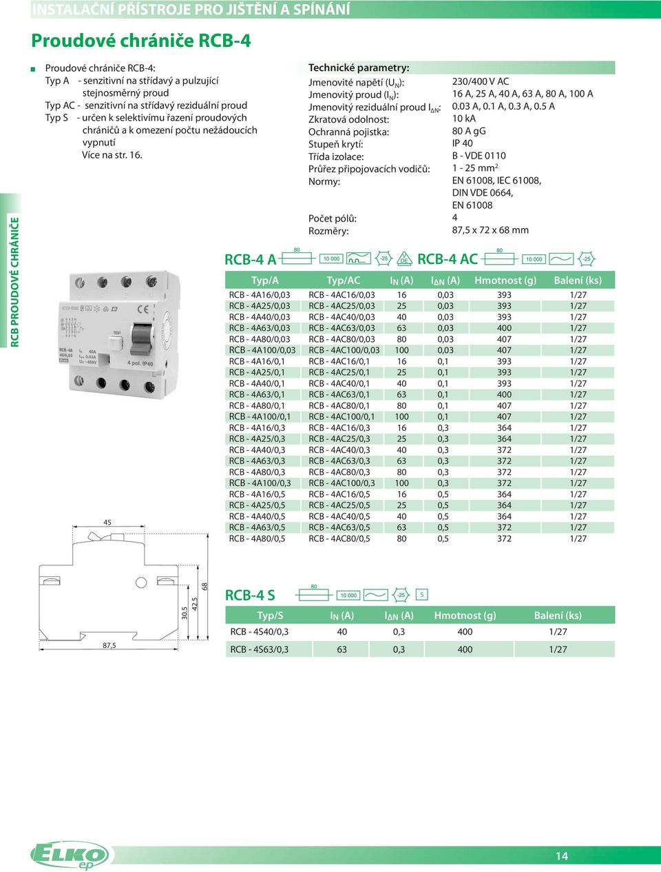 RCB A Technické parametry: Jmenovité napětí (U N ): Jmenovitý proud (I N ): Jmenovitý reziduální proud I ΔN : Zkratová odolnost: Ochranná pojistka: Stupeň krytí: Třída izolace: Průřez připojovacích