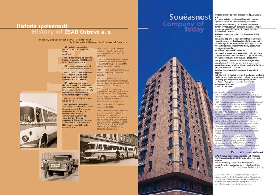 Mezníky padesátiletého vývoje spoleènosti: Milestones in Fifty-year Development of Company: 1949 založení národního podniku ÈSAD pro pøepravu osob a nákladù 1964 transformace do podoby krajského