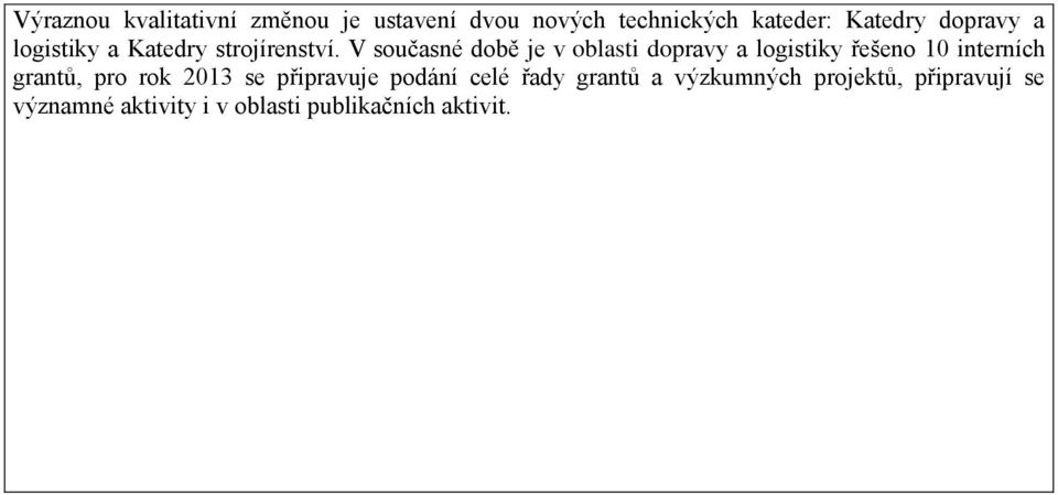 V současné době je v oblasti dopravy a logistiky řešeno 10 interních grantů, pro rok