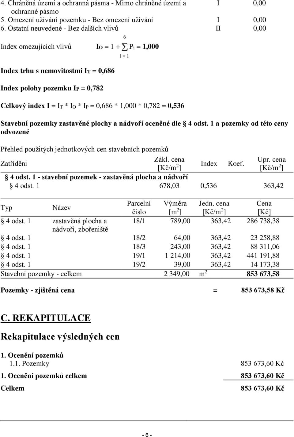 0,686 * 1,000 * 0,782 = 0,536 6 Stavební pozemky zastavěné plochy a nádvoří oceněné dle 4 odst. 1 a pozemky od této ceny odvozené Přehled použitých jednotkových cen stavebních pozemků Zákl. cena Upr.