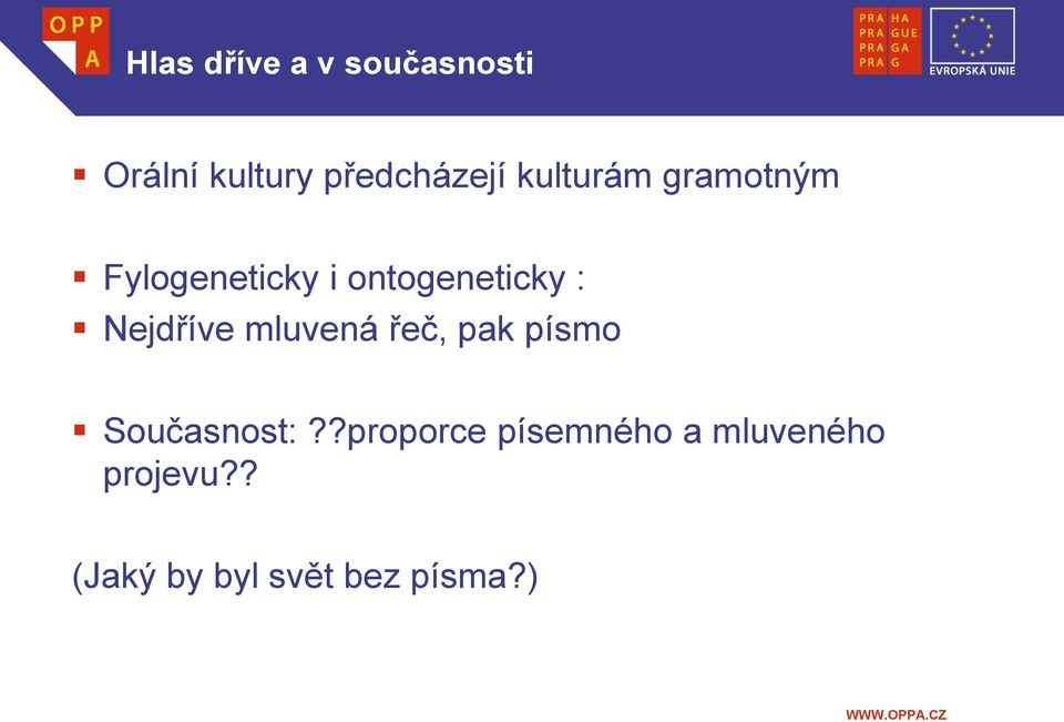 Nejdříve mluvená řeč, pak písmo Současnost:?