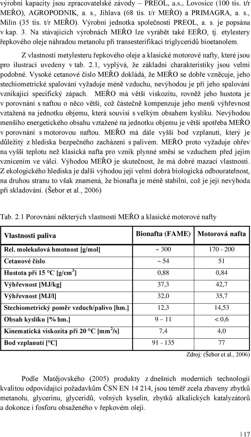 Z vlastností metylesteru řepkového oleje a klasické motorové nafty, které jsou pro ilustraci uvedeny v tab. 2.1, vyplývá, ţe základní charakteristiky jsou velmi podobné.