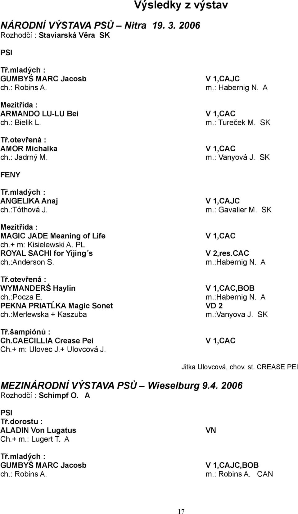 SK Mezitřída : MAGIC JADE Meaning of Life ch.+ m: Kisielewski A. PL ROYAL SACHI for Yijing s ch.:anderson S. V,CAC V,res.CAC m.:habernig N. A Tř.otevřená : WYMANDERŚ Haylin ch.:pocza E.