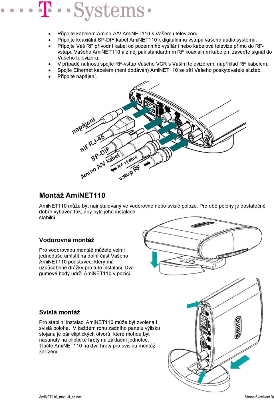 V případě nutnosti spojte RF-vstup Vašeho VCR s Vaším televizorem, například RF kabelem. Spojte Ethernet kabelem (není dodáván) AmiNET110 se sítí Vašeho poskytovatele služeb. Připojte napájení.