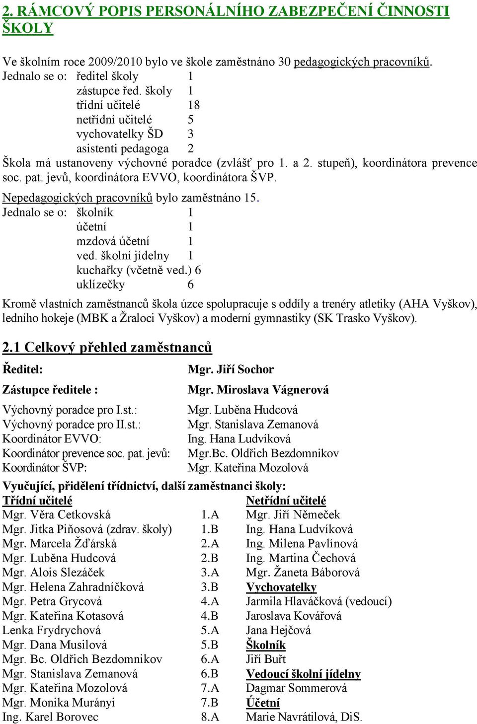 jevů, koordinátora EVVO, koordinátora ŠVP. Nepedagogických pracovníků bylo zaměstnáno 15. Jednalo se o: školník 1 účetní 1 mzdová účetní 1 ved. školní jídelny 1 kuchařky (včetně ved.