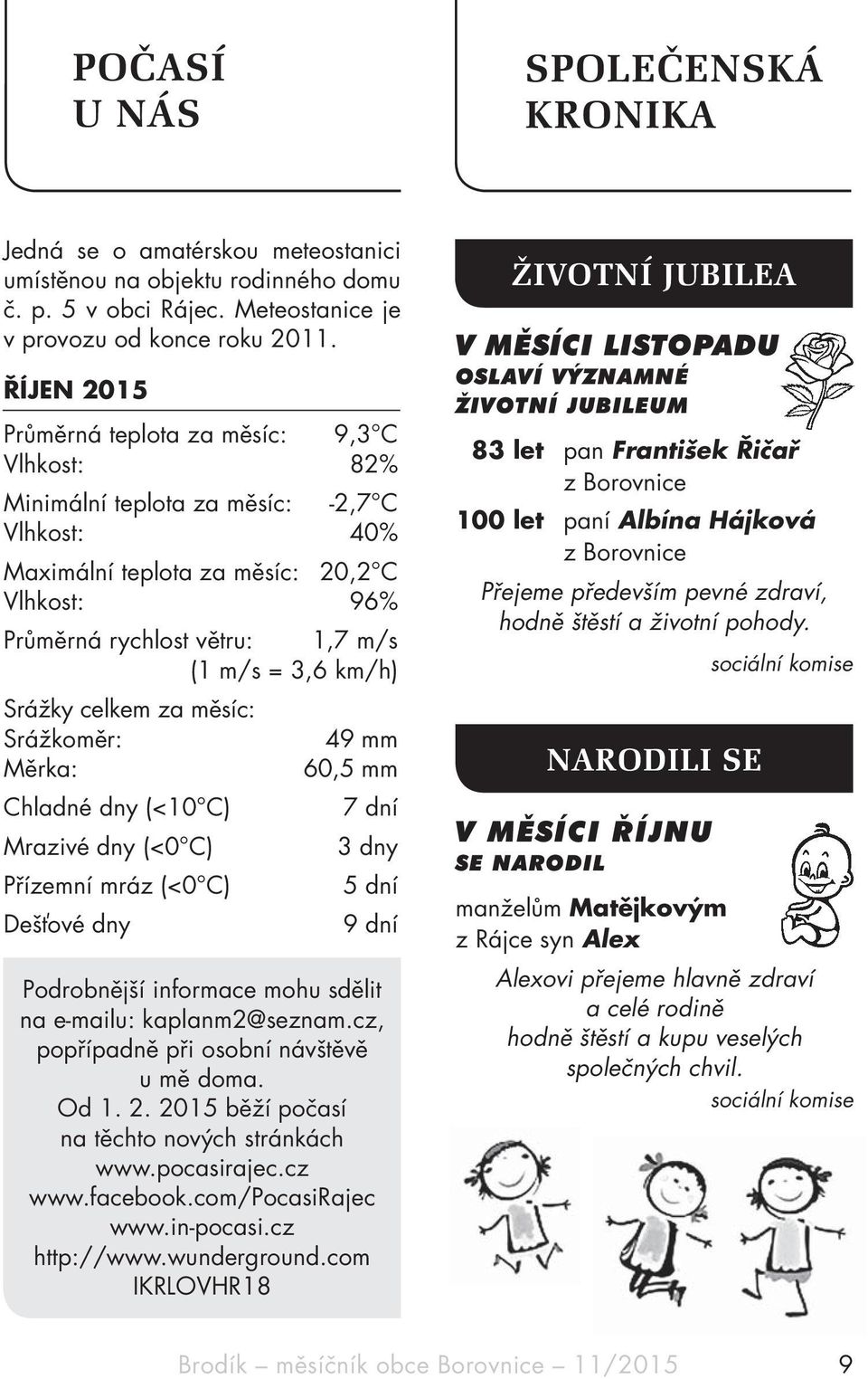 km/h) Srážky celkem za měsíc: Srážkoměr: 49 mm Měrka: 60,5 mm Chladné dny (<10 C) 7 dní Mrazivé dny (<0 C) 3 dny Přízemní mráz (<0 C) 5 dní Dešťové dny 9 dní Podrobnější informace mohu sdělit na