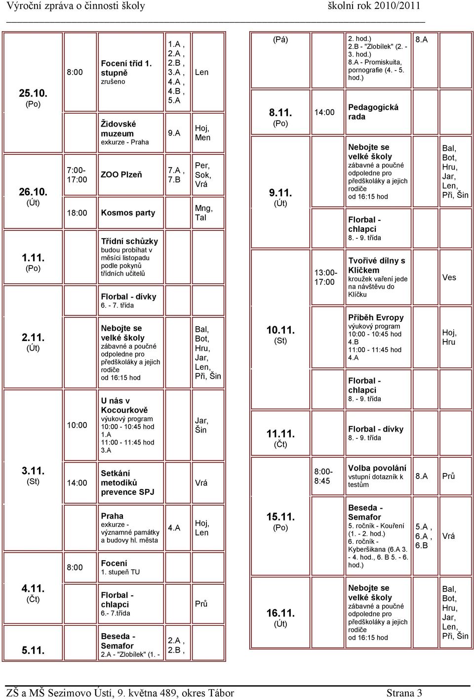 třída Nebojte se velké školy zábavné a poučné odpoledne pro předškoláky a jejich rodiče od 16:15 hod U nás v Kocourkově výukový program 10:00-10:45 hod 1.A 11:00-11:45 hod 3.A 1.A, 2.A, 2.B, 3.A, 4.