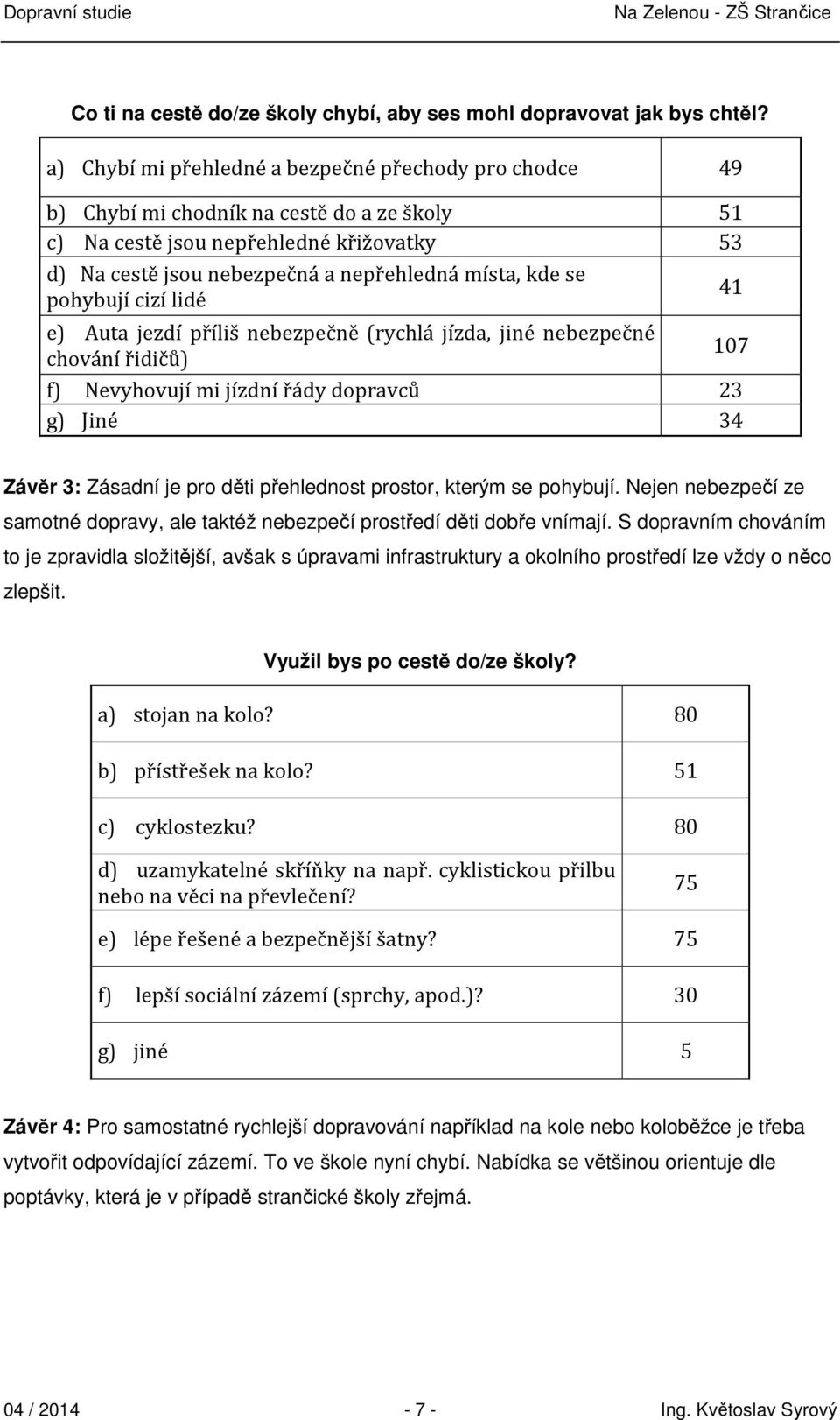 se pohybují cizí lidé 41 e) Auta jezdí příliš nebezpečně (rychlá jízda, jiné nebezpečné chování řidičů) 107 f) Nevyhovují mi jízdní řády dopravců 23 g) Jiné 34 Závěr 3: Zásadní je pro děti