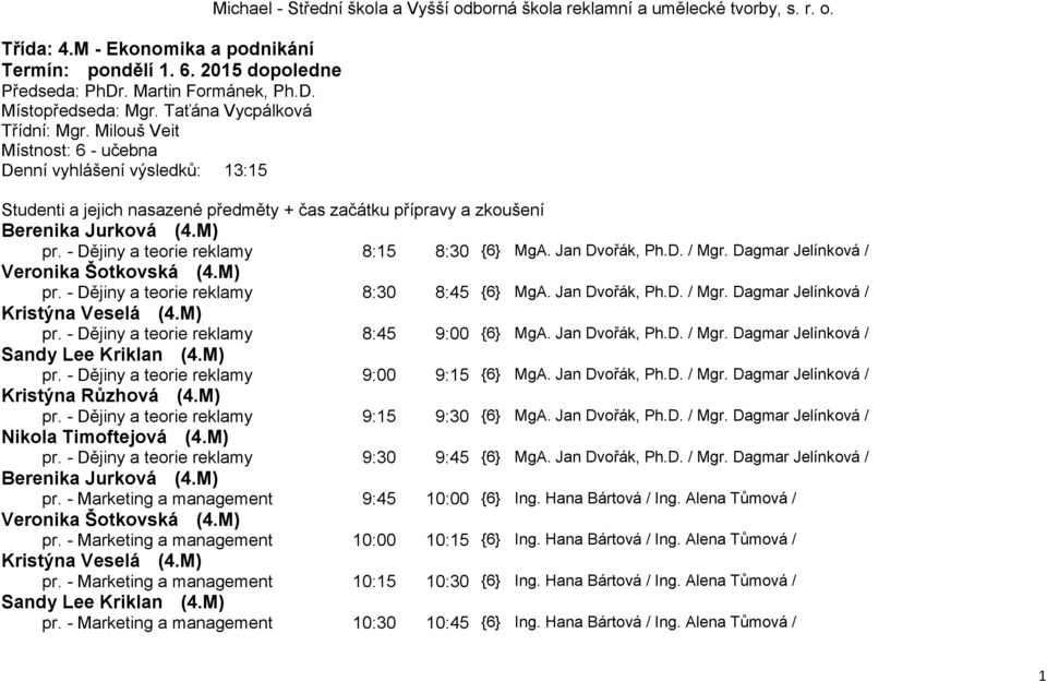 M) pr. - Dějiny a teorie reklamy 8:15 8:30 {6} MgA. Jan Dvořák, Ph.D. / Mgr. Dagmar Jelínková / Veronika Šotkovská (4.M) pr. - Dějiny a teorie reklamy 8:30 8:45 {6} MgA. Jan Dvořák, Ph.D. / Mgr. Dagmar Jelínková / Kristýna Veselá (4.