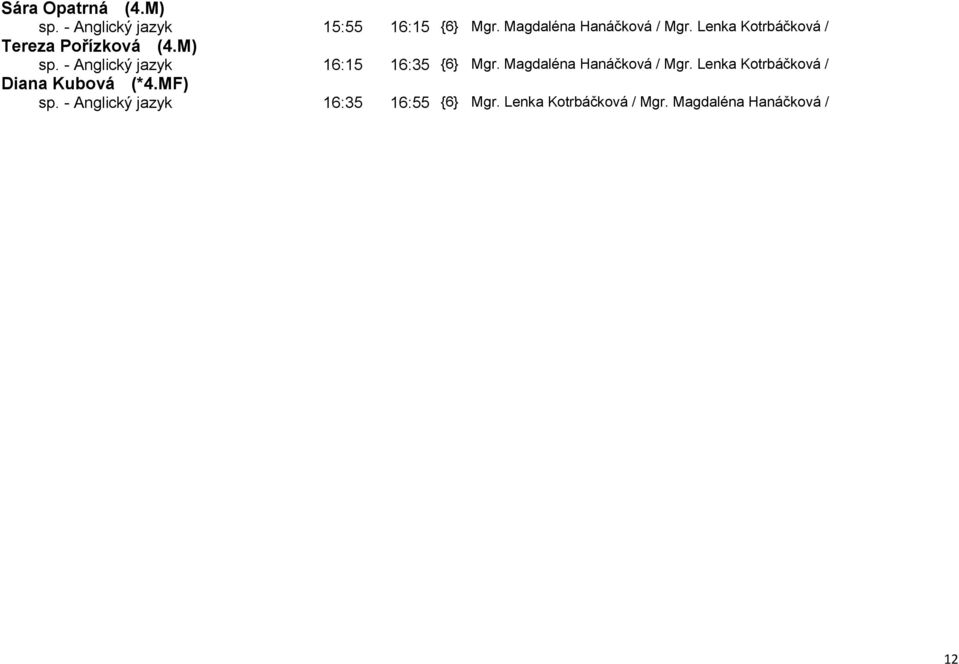 - Anglický jazyk 16:15 16:35 {6} Mgr. Magdaléna Hanáčková / Mgr.