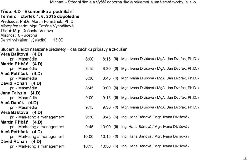 D) pr. - Masmédia 8:00 8:15 {6} Mgr. Ivana Divišová / MgA. Jan Dvořák, Ph.D. / Martin Přibáň (4.D) pr. - Masmédia 8:15 8:30 {6} Mgr. Ivana Divišová / MgA. Jan Dvořák, Ph.D. / Aleš Petříček (4.D) pr. - Masmédia 8:30 8:45 {6} Mgr.