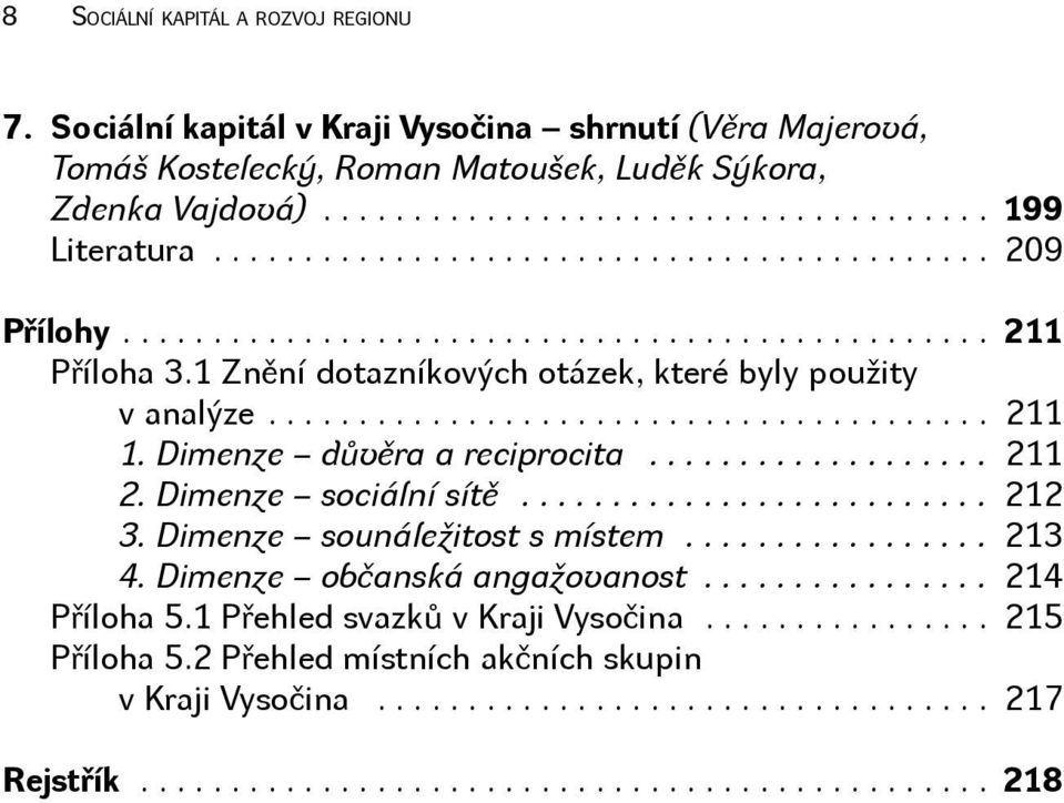 .. 209 Přílohy.... 211 Příloha 3.1 Znění dotazníkových otázek, které byly použity v analýze.... 211 1. Dimenze důvěra a reciprocita... 211 2.