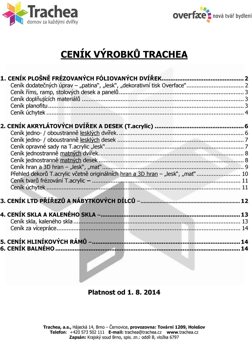 ... 6 Ceník jedno- / oboustranně lesklých desek... 7 Ceník opravné sady na T.acrylic lesk.... 7 Ceník jednostranně matných dvířek.... 8 Ceník jednostranně matných desek.