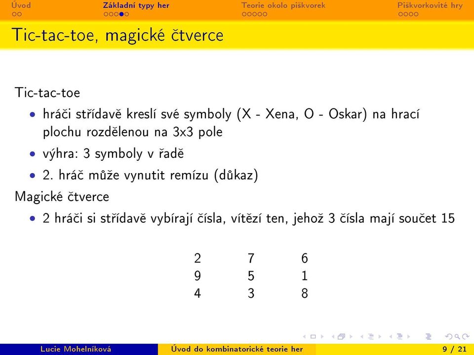 hrá m ºe vynutit remízu (d kaz) Magické tverce 2 hrá i si st ídav vybírají ísla, vít zí