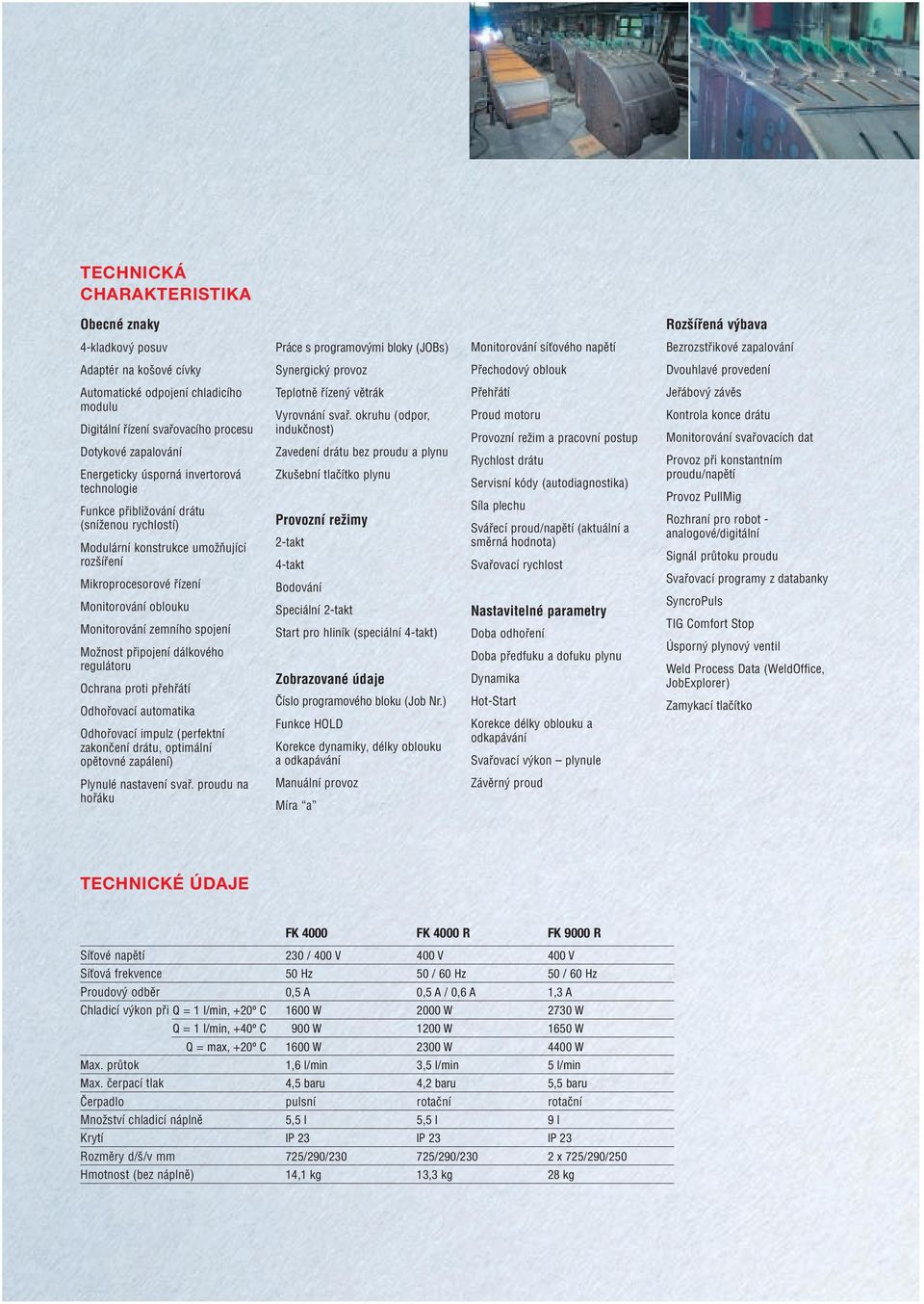 pfiibliïování drátu (sníïenou rychlostí) Modulární konstrukce umoïàující roz ífiení Mikroprocesorové fiízení Monitorování oblouku Monitorování zemního spojení MoÏnost pfiipojení dálkového regulátoru