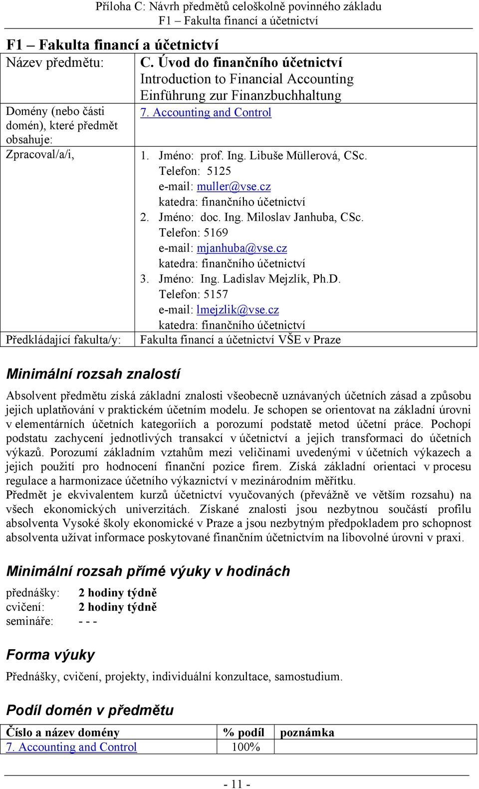 Minimální rozsah znalostí 7. Accounting and Control 1. Jméno: prof. Ing. Libuše Müllerová, CSc. Telefon: 5125 e-mail: muller@vse.cz katedra: finančního účetnictví 2. Jméno: doc. Ing. Miloslav Janhuba, CSc.