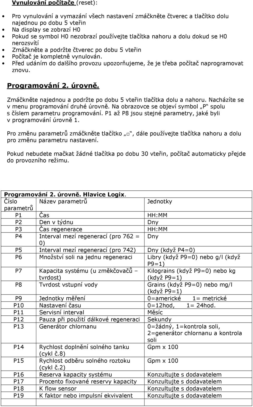 Před udáním do dalšího provozu upozorňujeme, že je třeba počítač naprogramovat znovu. Programování 2. úrovně. Zmáčkněte najednou a podržte po dobu 5 vteřin tlačítka dolu a nahoru.