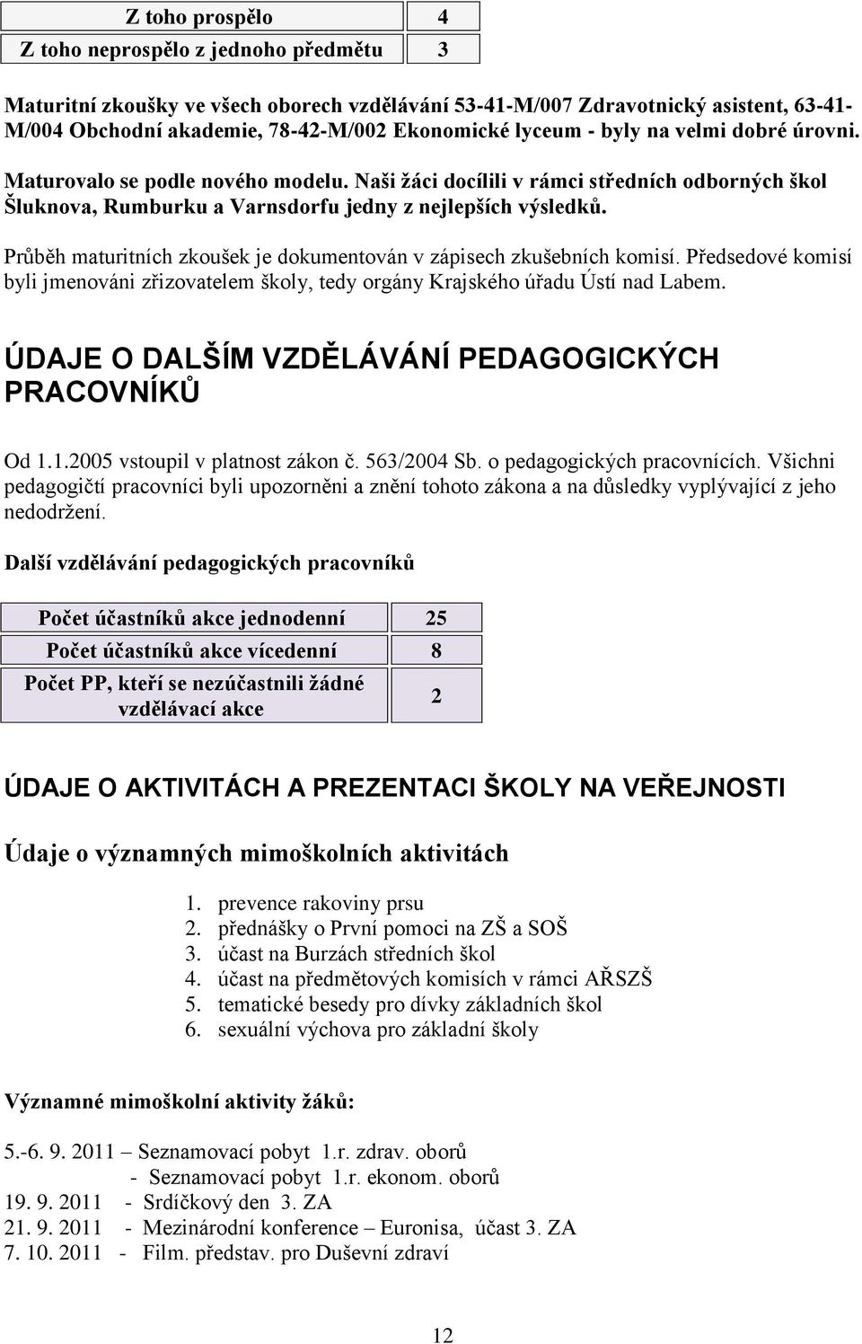 Průběh maturitních zkoušek je dokumentován v zápisech zkušebních komisí. Předsedové komisí byli jmenováni zřizovatelem školy, tedy orgány Krajského úřadu Ústí nad Labem.