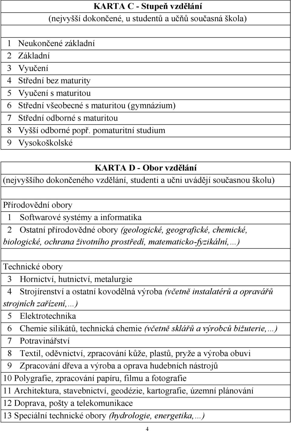 pomaturitní studium 9 Vysokoškolské KARTA D - Obor vzdělání (nejvyššího dokončeného vzdělání, studenti a učni uvádějí současnou školu) Přírodovědní obory 1 Softwarové systémy a informatika 2 Ostatní