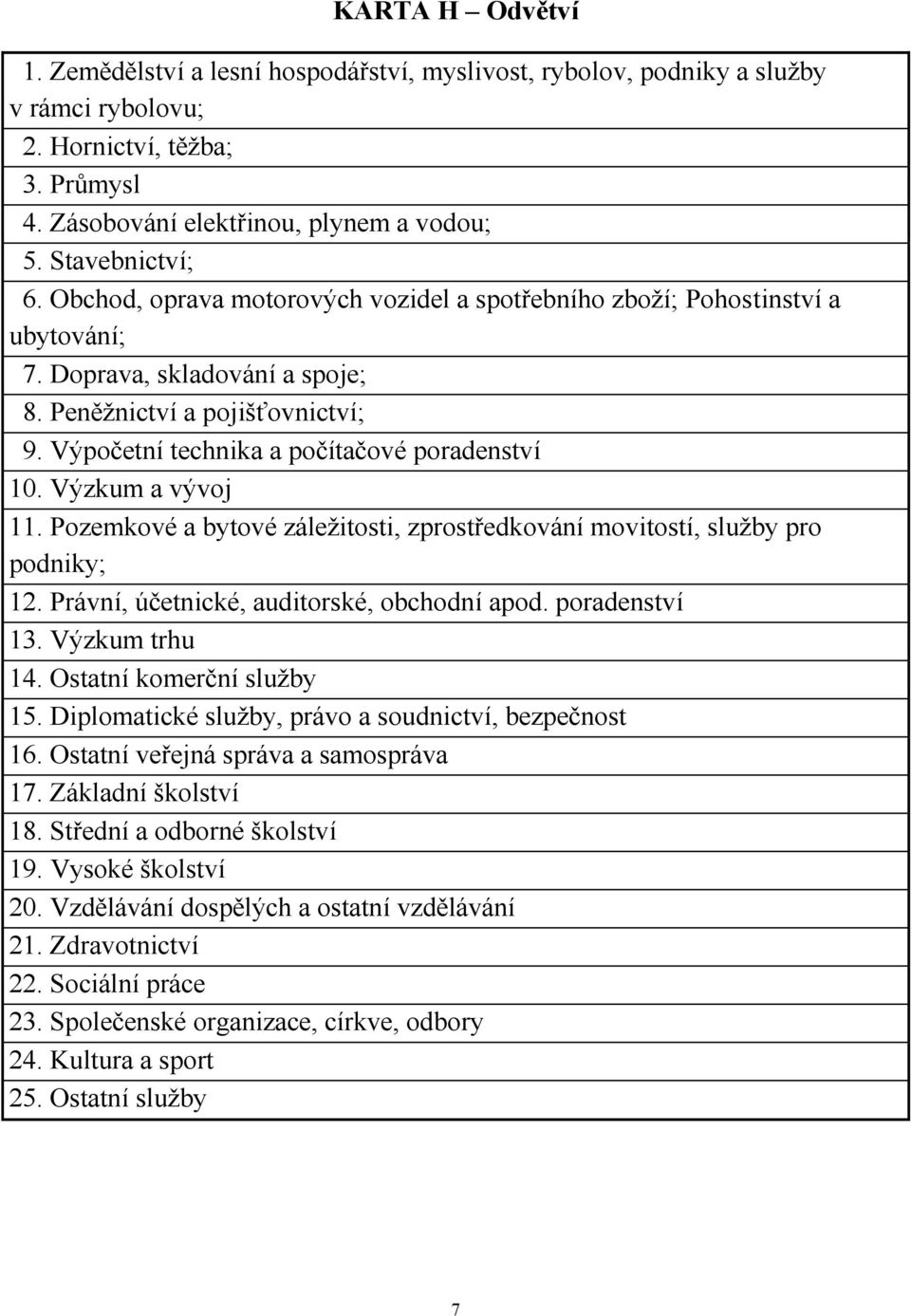 Výpočetní technika a počítačové poradenství 10. Výzkum a vývoj 11. Pozemkové a bytové záležitosti, zprostředkování movitostí, služby pro podniky; 12. Právní, účetnické, auditorské, obchodní apod.