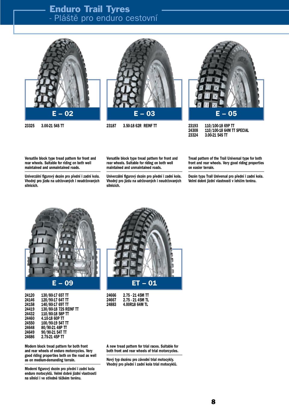 Vhodn pro jízdu na udrïovan ch i neudrïovan ch silnicích. Versatile block type tread pattern for front and rear wheels. Suitable for riding on both well maintained and unmaintained roads.