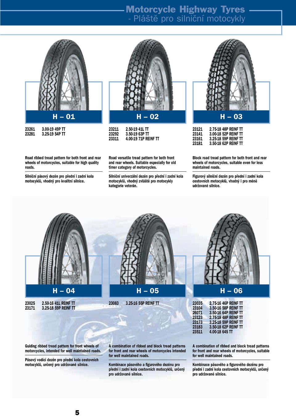 50-18 62P REINF TT Road ribbed tread pattern for both front and rear wheels of motorcycles, suitable for high quality roads.