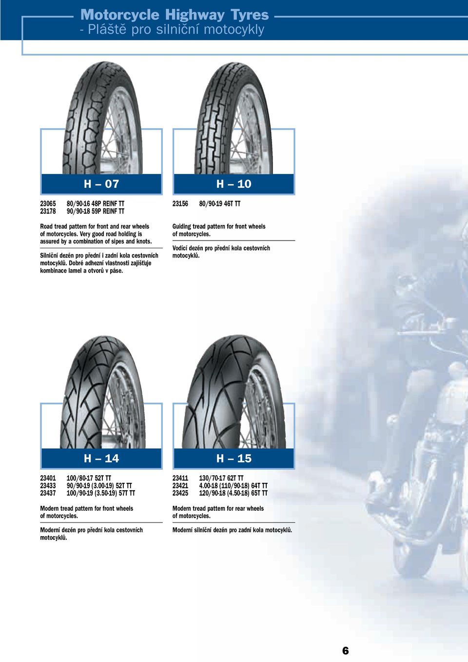H 10 23156 80/90-19 46T TT Guiding tread pattern for front wheels of motorcycles. Vodící dezén pro pfiední kola cestovních motocyklû. H 14 H 15 23401 100/80-17 52T TT 23433 90/90-19 (3.