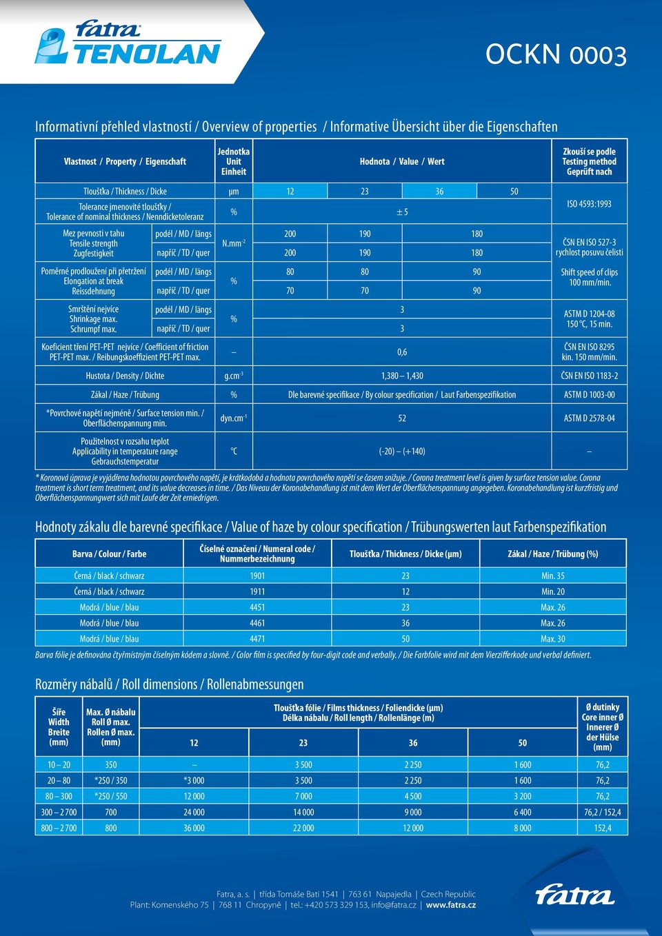 strength Zugfestigkeit Poměrné prodloužení při přetržení Elongation at break Reissdehnung Smrštění nejvíce Shrinkage max. Schrumpf max.