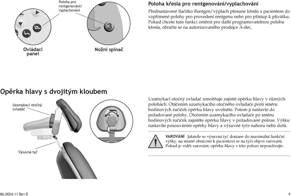 Ovládací panel Nožní spínač Opěrka hlavy s dvojitým kloubem Uzamykací otočný ovladač Výsuvná tyč Uzamykací otočný ovladač umožňuje zajistit opěrku hlavy v různých polohách.