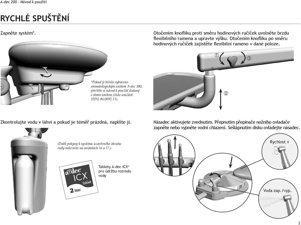 1 3 *Pokud je křeslo vybaveno stomatologickým unitem A-dec 300, přečtěte si návod k použití dodaný s tímto unitem (číslo součásti (P/N) 86.0092.11).