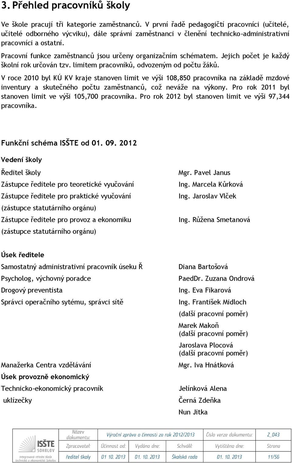 Pracovní funkce zaměstnanců jsou určeny organizačním schématem. Jejich počet je každý školní rok určován tzv. limitem pracovníků, odvozeným od počtu žáků.