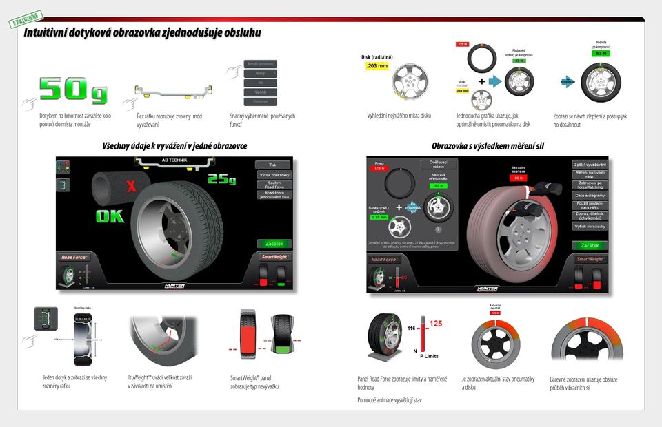 jak ho dosáhnout Všechny údaje k vyvážení v jedné obrazovce Obrazovka s výsledkem měření sil Rozměry ráfku 116 125 N P Limits Jeden dotyk a zobrazí se všechny rozměry ráfku TruWeight uvádí velikost