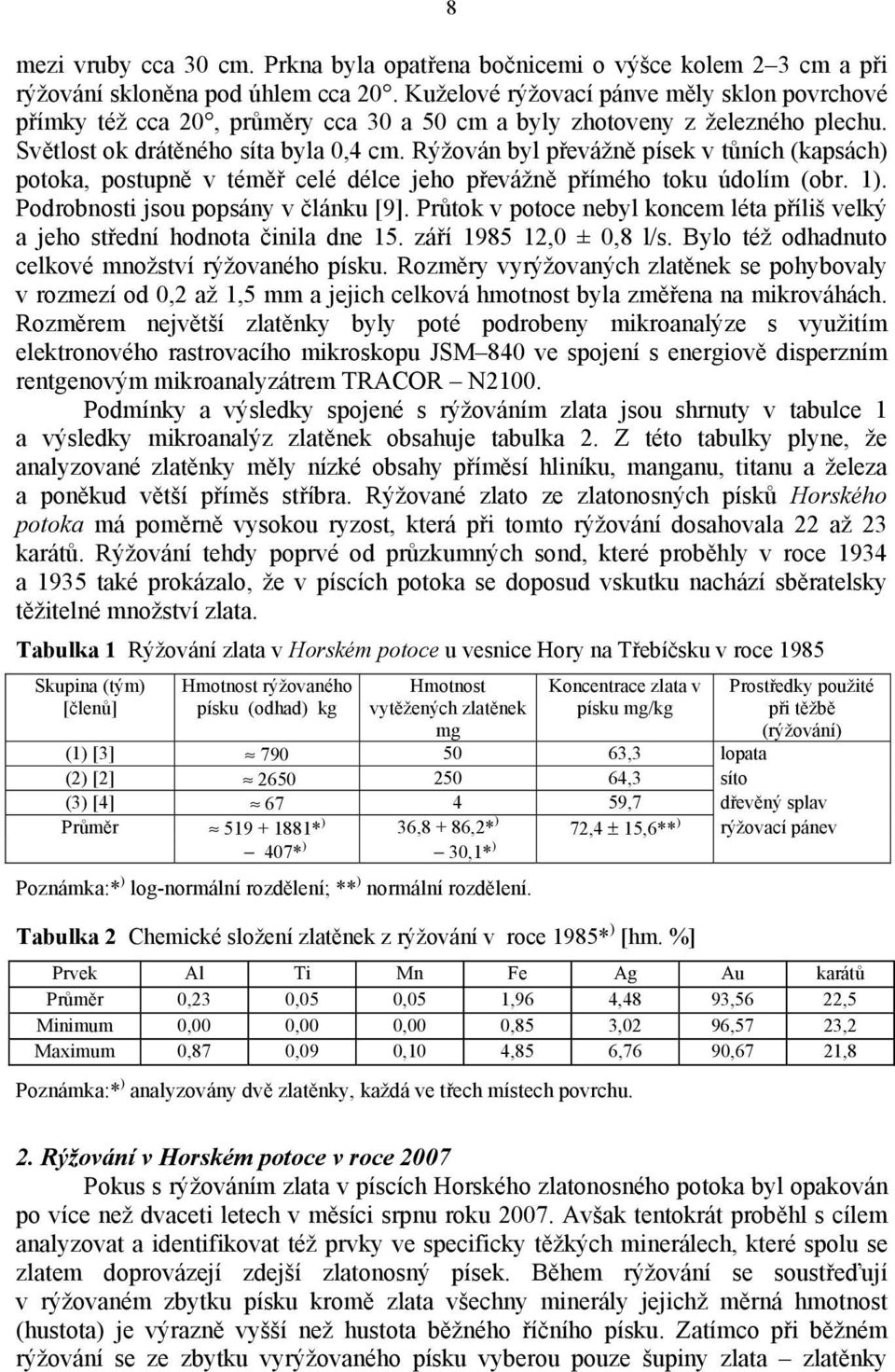 Rýžován byl převážně písek v tůních (kapsách) potoka, postupně v téměř celé délce jeho převážně přímého toku údolím (obr. 1). Podrobnosti jsou popsány v článku [9].