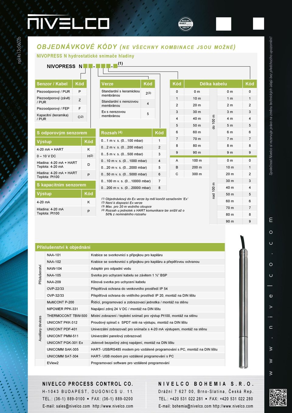 Hladina: Teplota: Pt100 P Verze (1) Standardní s keramickou membránou Standardní s nerezovou membránou Ex s nerezovou membránou Rozsah (4) 2 (3) 0 1 m v. s. (0 100 mbar) 1 0 2 m v. s. (0 200 mbar) 2 0 5 m v.