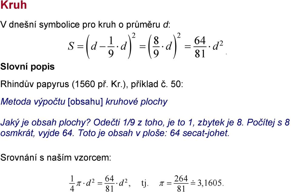 50: Metoda výpočtu [obsahu] kruhové plochy Jaký je obsah plochy?