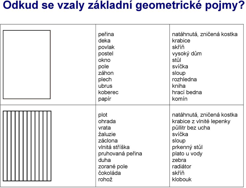 stříška pruhovaná peřina duha zorané pole čokoláda rohož natáhnutá, zničená kostka krabice skříň vysoký dům