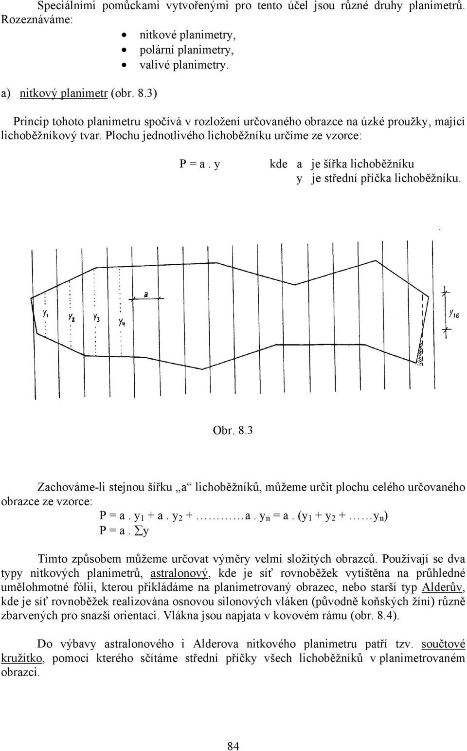 y kde a je šířka lichoběžníku y je střední příčka lichoběžníku. Obr. 8.3 Zachováme-li stejnou šířku a lichoběžníků, můžeme určit plochu celého určovaného obrazce ze vzorce: P = a. y 1 + a. y 2 + a.