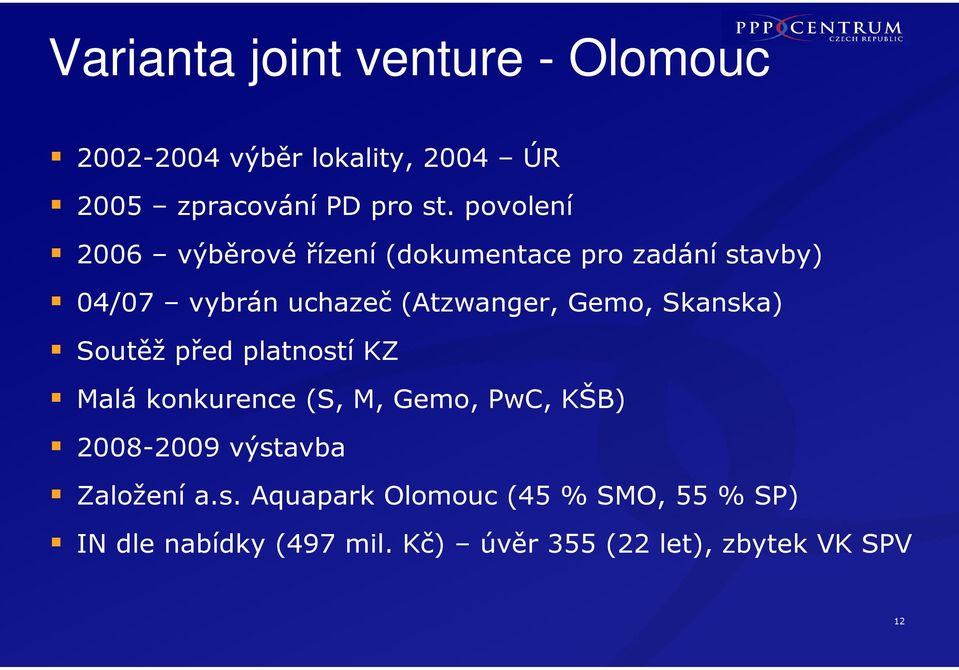 Skanska) Soutěž před platností KZ Malá konkurence (S, M, Gemo, PwC, KŠB) 2008-2009 výstavba Založení