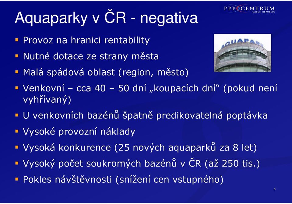 bazénů špatně predikovatelná poptávka Vysoké provozní náklady Vysoká konkurence (25 nových