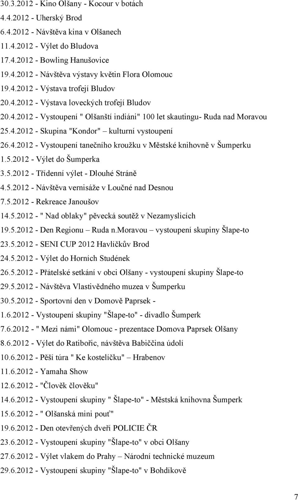 4.2012 - Vystoupení tanečního kroužku v Městské knihovně v Šumperku 1.5.2012 - Výlet do Šumperka 3.5.2012 - Třídenní výlet - Dlouhé Stráně 4.5.2012 - Návštěva vernisáže v Loučné nad Desnou 7.5.2012 - Rekreace Janoušov 14.